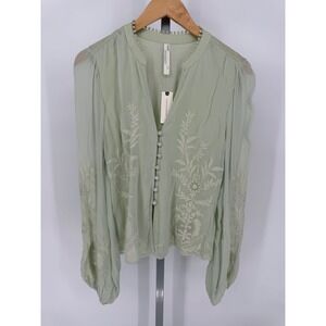 Anthropologie Womens Embroidered Button Up Blouse Mint Green Size M